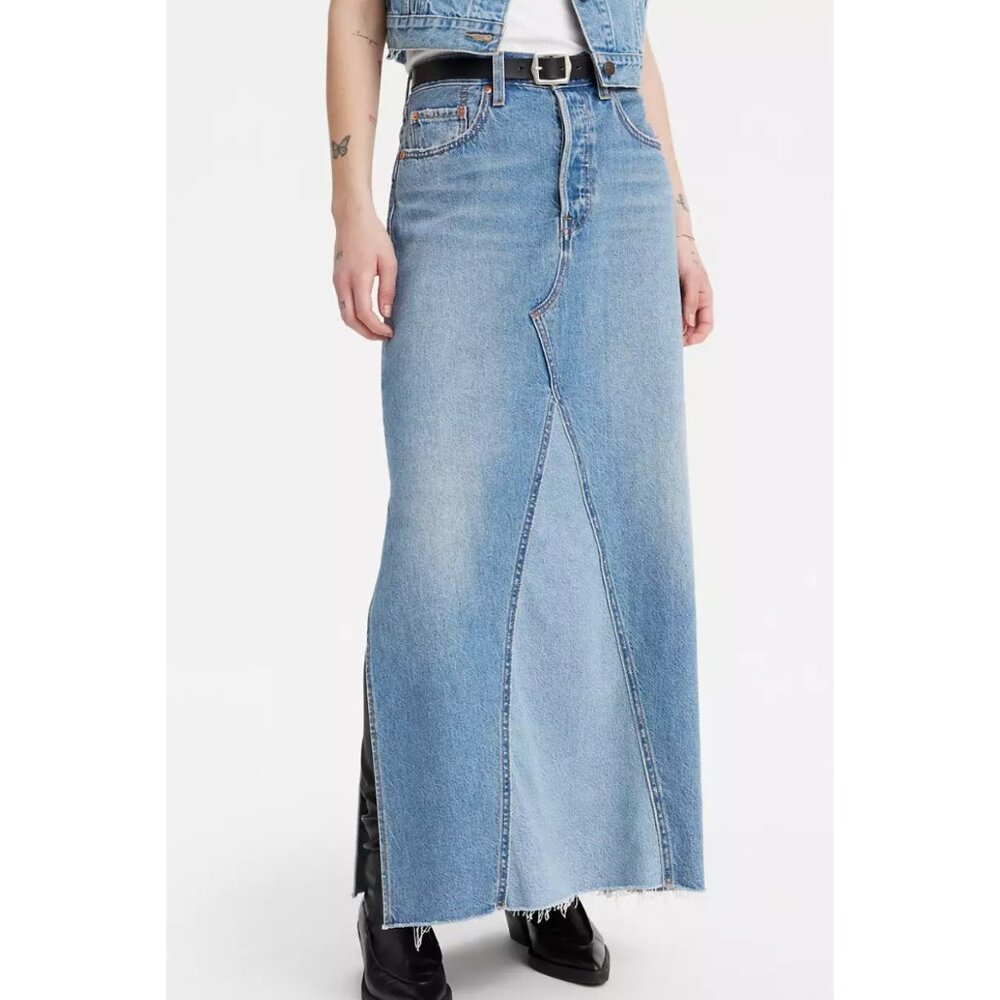 New Levi's 27 Premium Icon Long Skirt Size 27 Own It Medium Wash - Picture 2 of 8